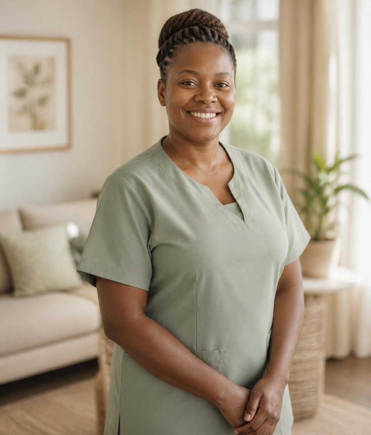 A caregiver smiling in a bright, homely room