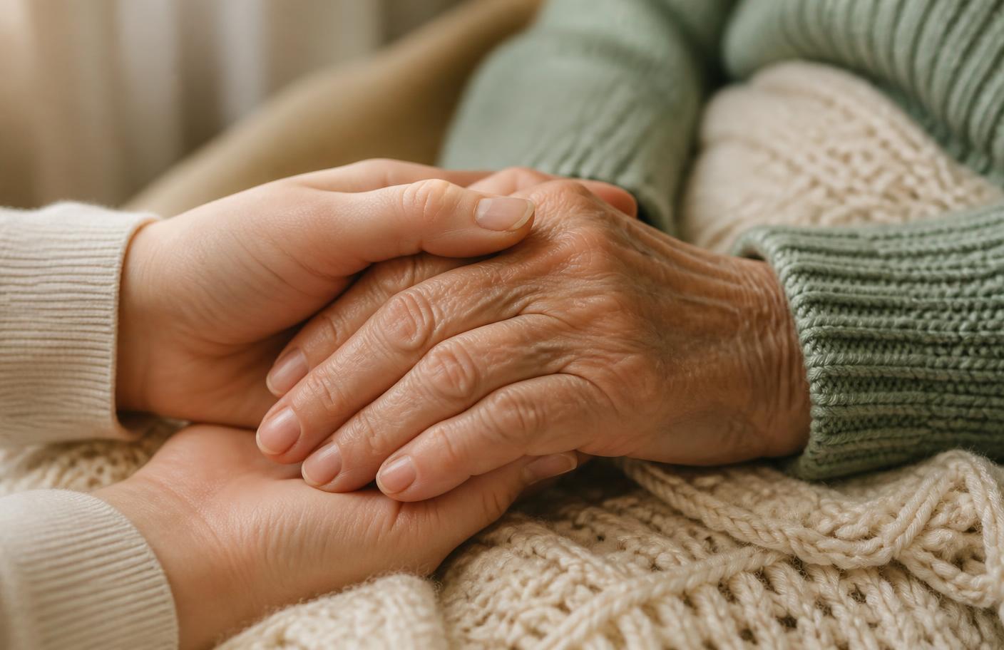 A younger hand gently holding an older person's hand