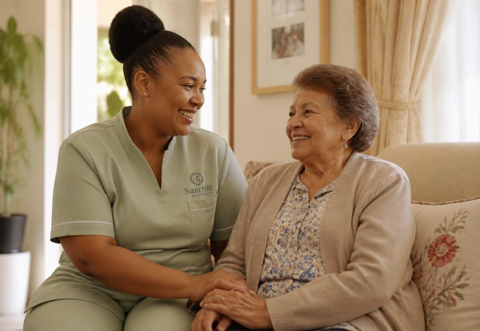 A caregiver sitting with an older client in a sunlit Cape Town living room