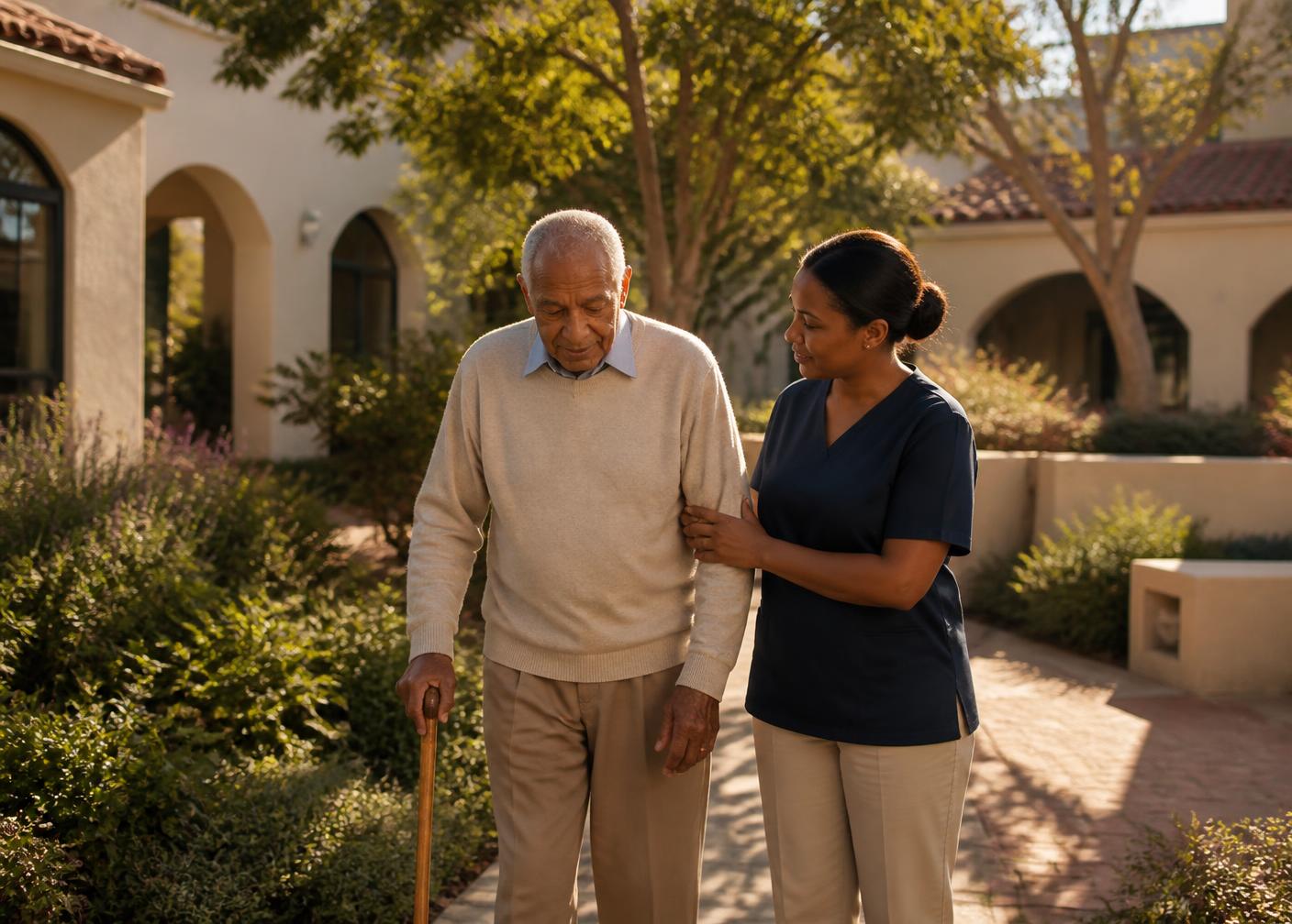 A caregiver assisting a resident in a retirement village lounge